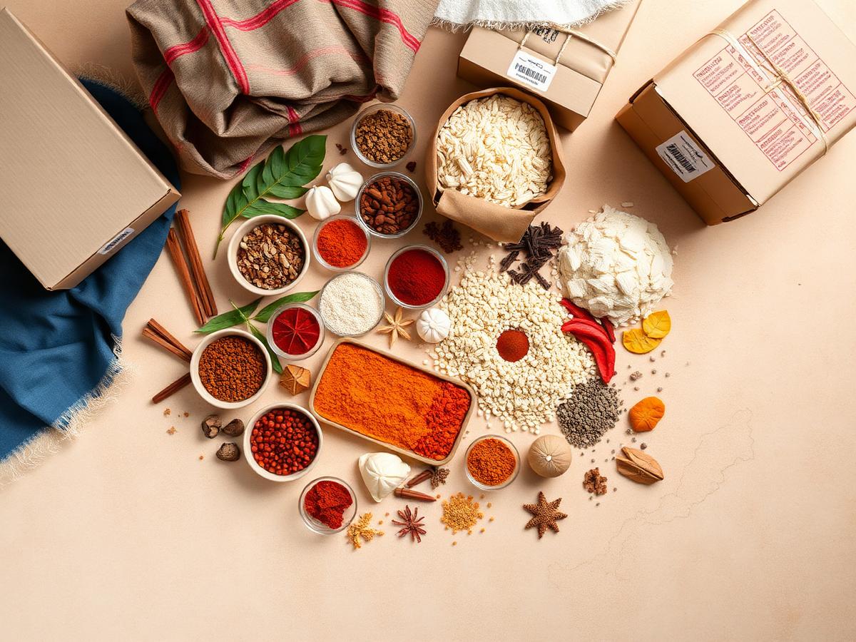 Indian groceries, spices, traditional textiles and shipping boxes with a map of Malaysia