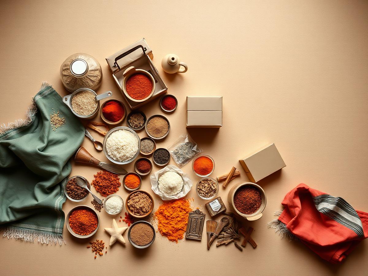 Indian groceries, spices, traditional textiles and shipping boxes with a map of Singapore