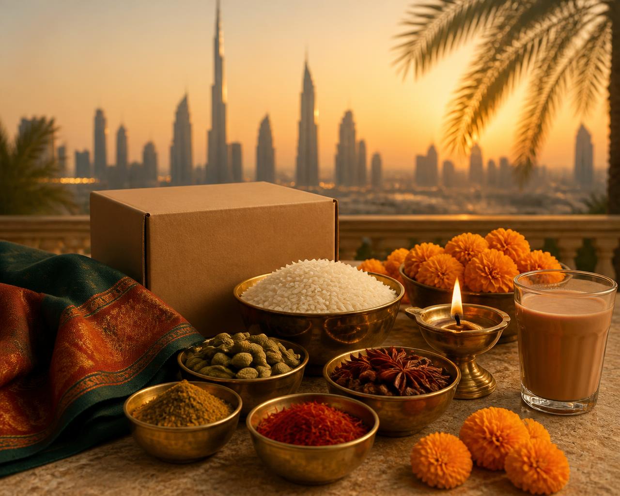 Indian groceries, spices and traditional textiles with the Dubai skyline